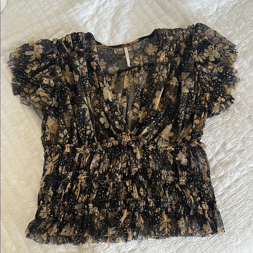 Free People Sheer Floral Ruffle Sleeve Top